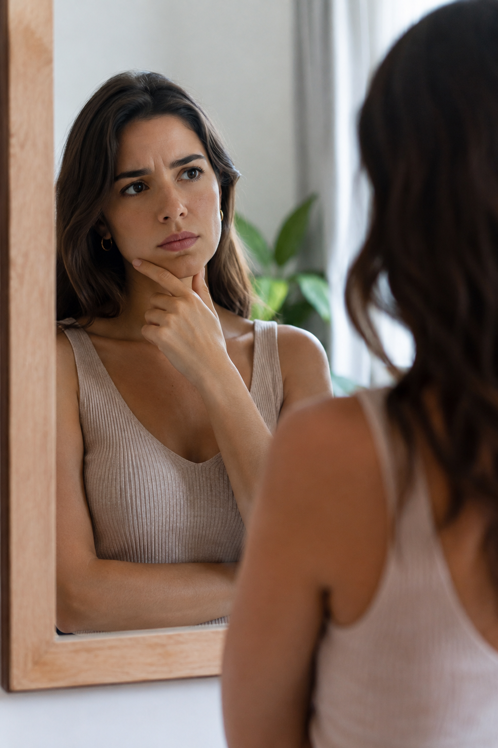 Mulher observando o próprio reflexo no espelho com expressão pensativa